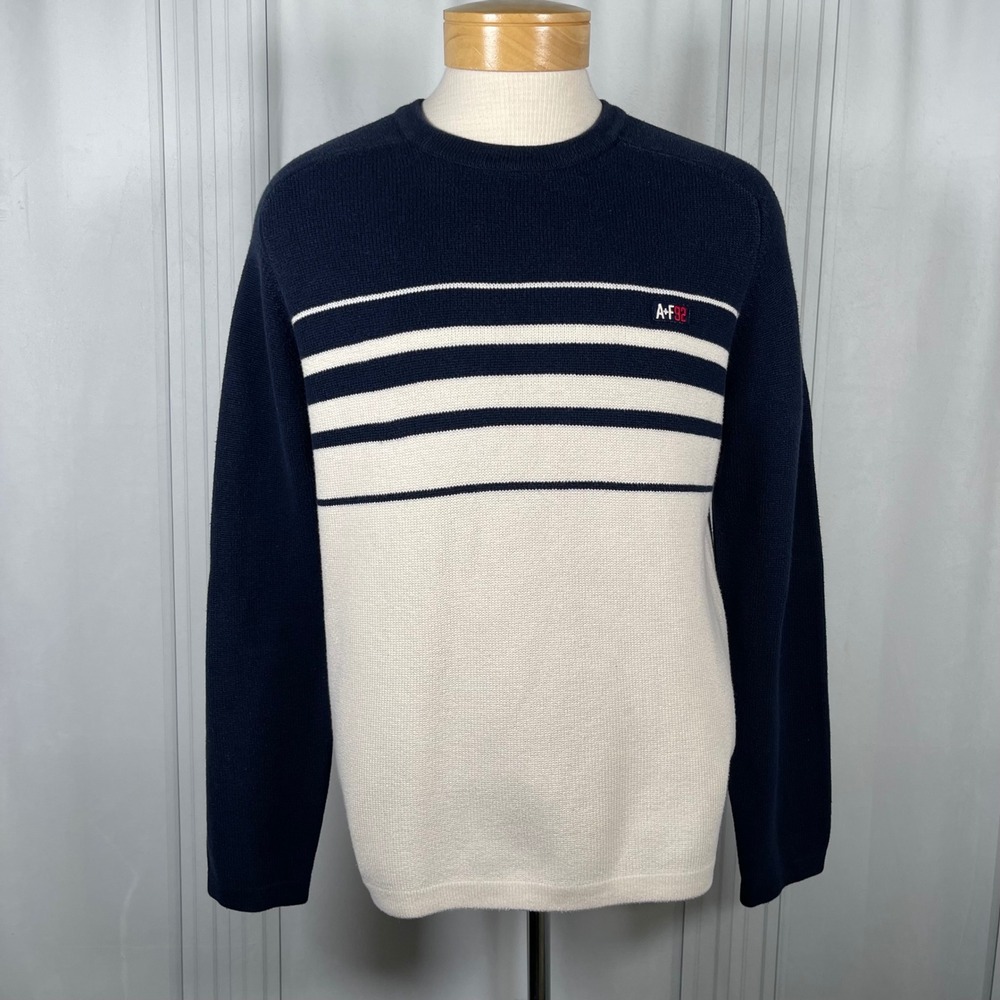 Abercrombie & Fitch Navy and White Striped Crewneck Sweater